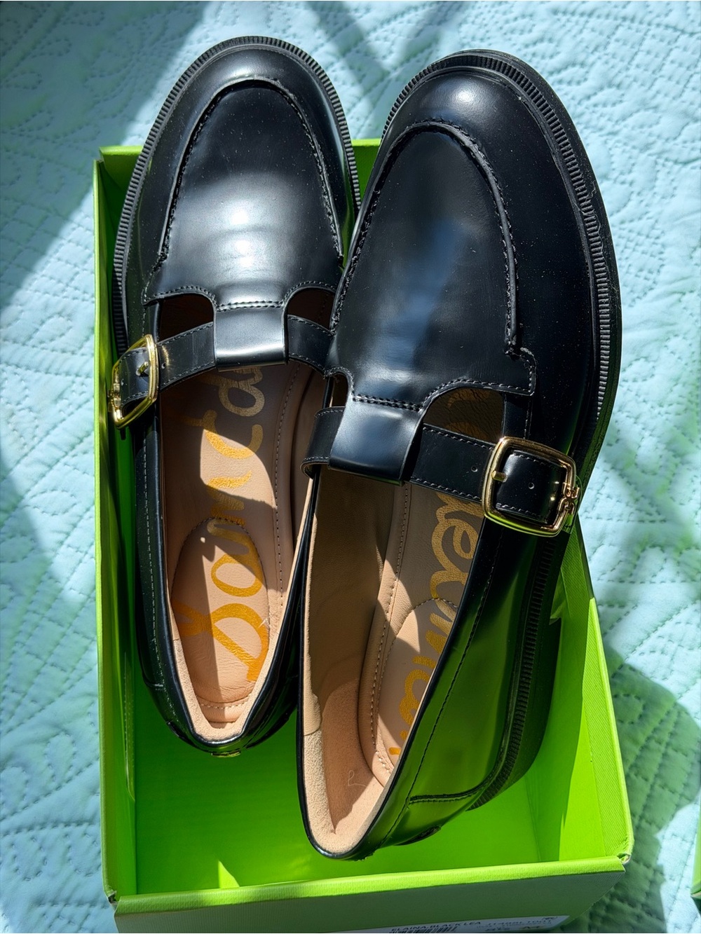 Sam Edelman Black Patent Mary Jane Loafers with Gold Buckle - Picture 3 of 7